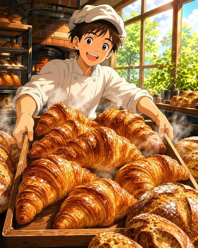 AIが生成したサンプル投稿画像: アニメ風に描いた焼きたてクロワッサンが並ぶ朝の店内