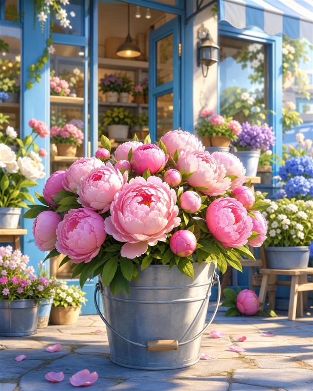 AIが生成したサンプル投稿画像: CGアニメ映画風に描いた花屋の店先と芍薬
